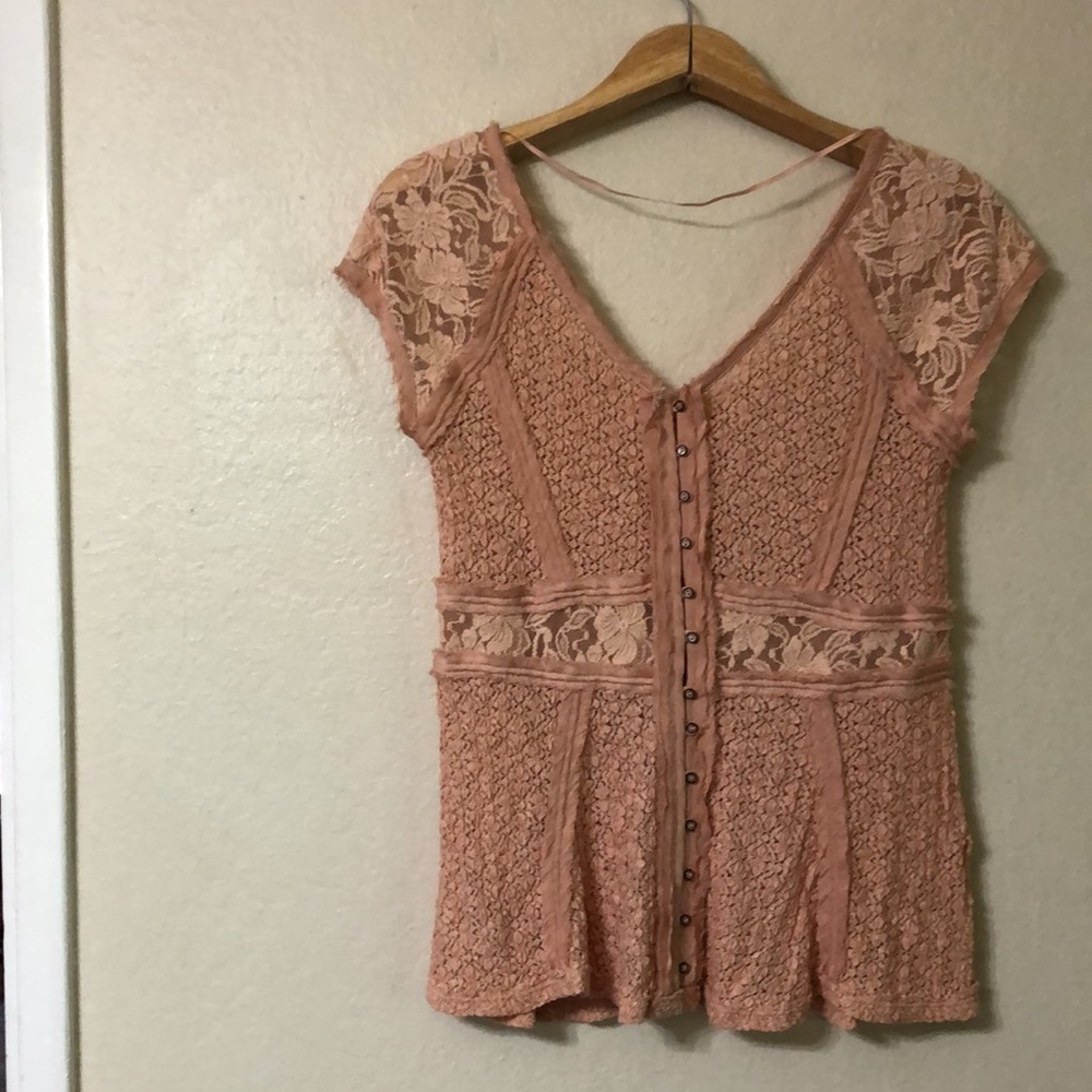 Free People Besties Lace Peplum Peach Top - Picture 7 of 9